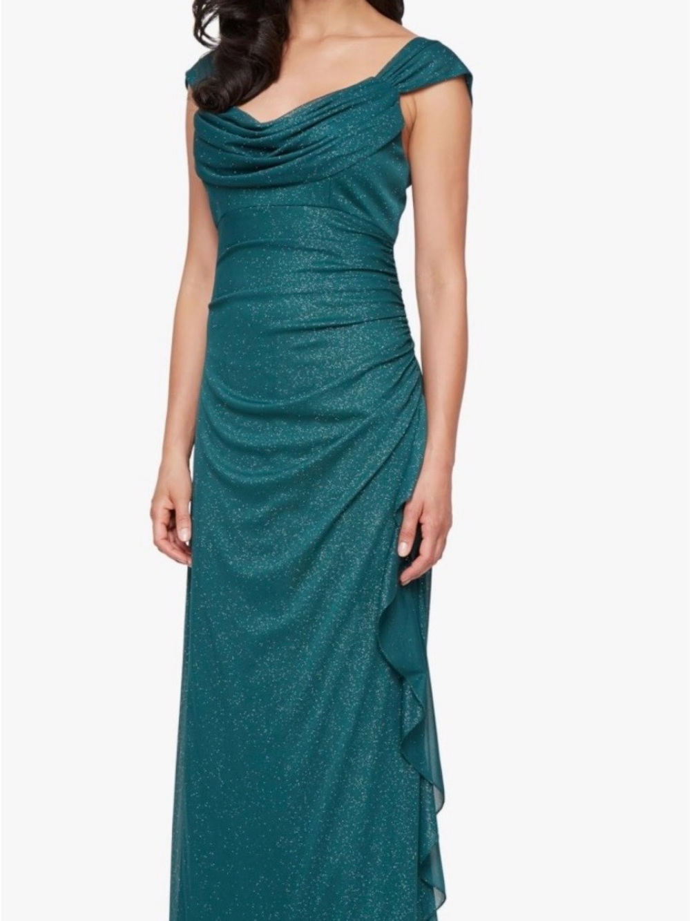 Alex Evenings Teal Glitter Cowl Neck Maxi Gown